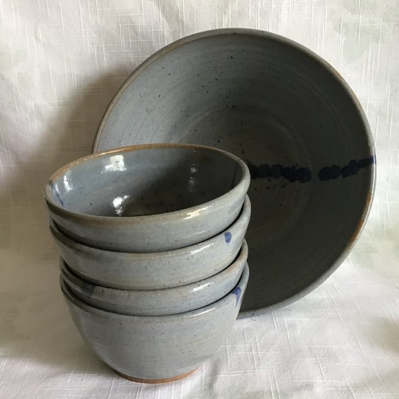 Vintage 80s Set of 5 Pottery Bowls Artist Signed Abstract Paint Glazed - Picture 7 of 9
